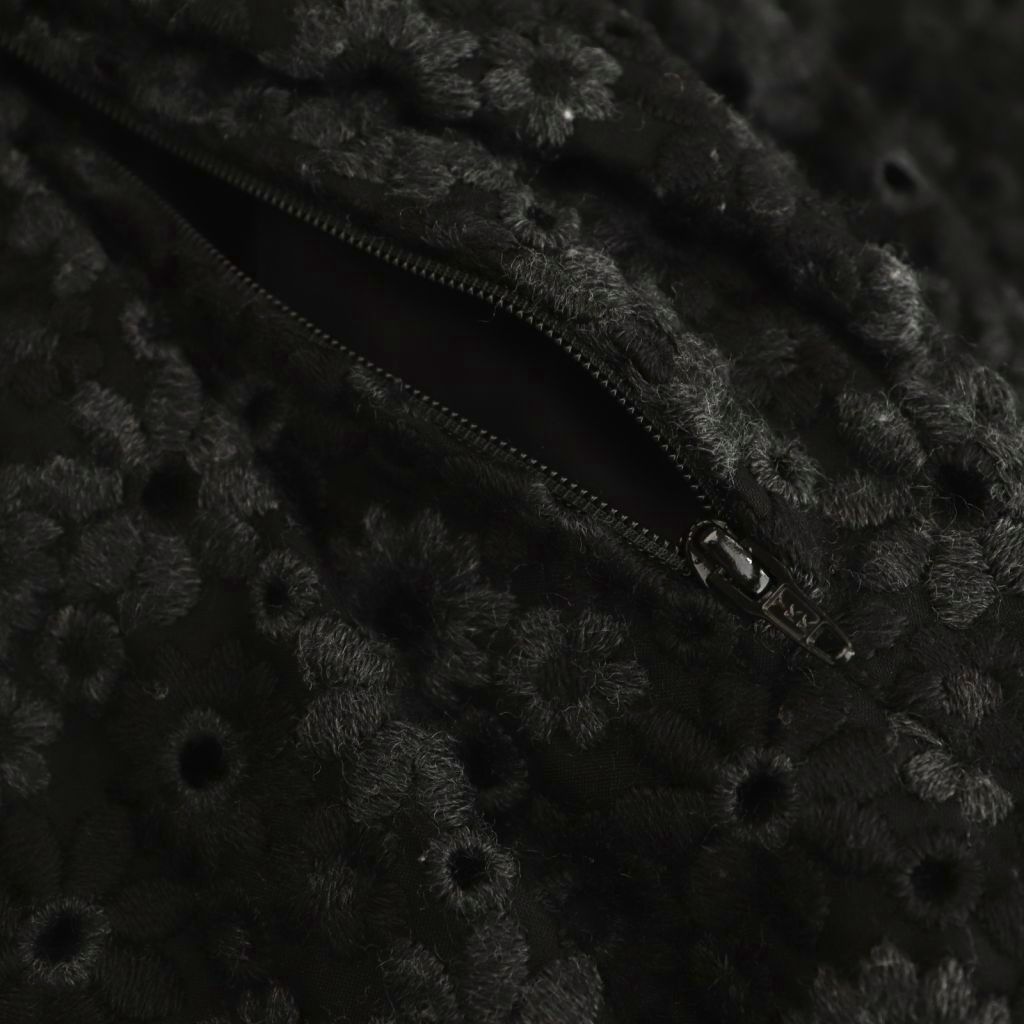 ルネ Rene フラワー刺繍 タックスカート 膝丈 フレア ウール混 34 黒