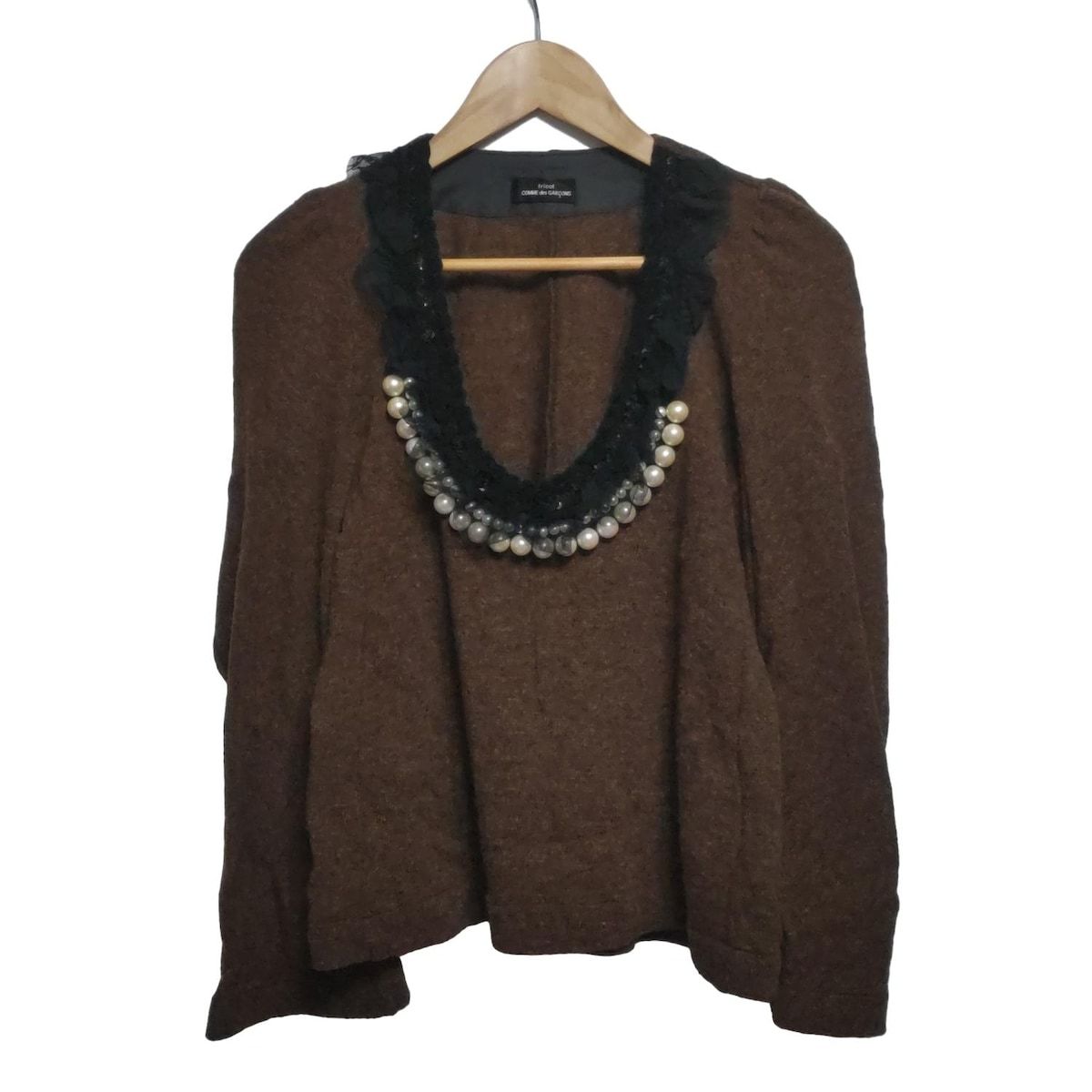 トリココムデギャルソン 長袖カットソー レディース ダークブラウン 黒 アイボリー ニット レース スパンコール フェイクパール