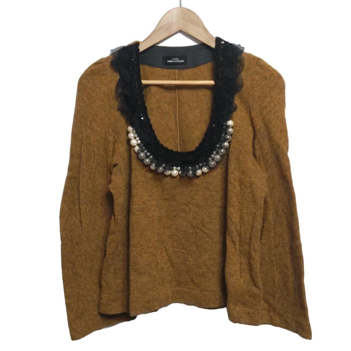 トリココムデギャルソン 長袖カットソー レディース - ダークイエロー×黒×アイボリー ニット レース スパンコール フェイクパール