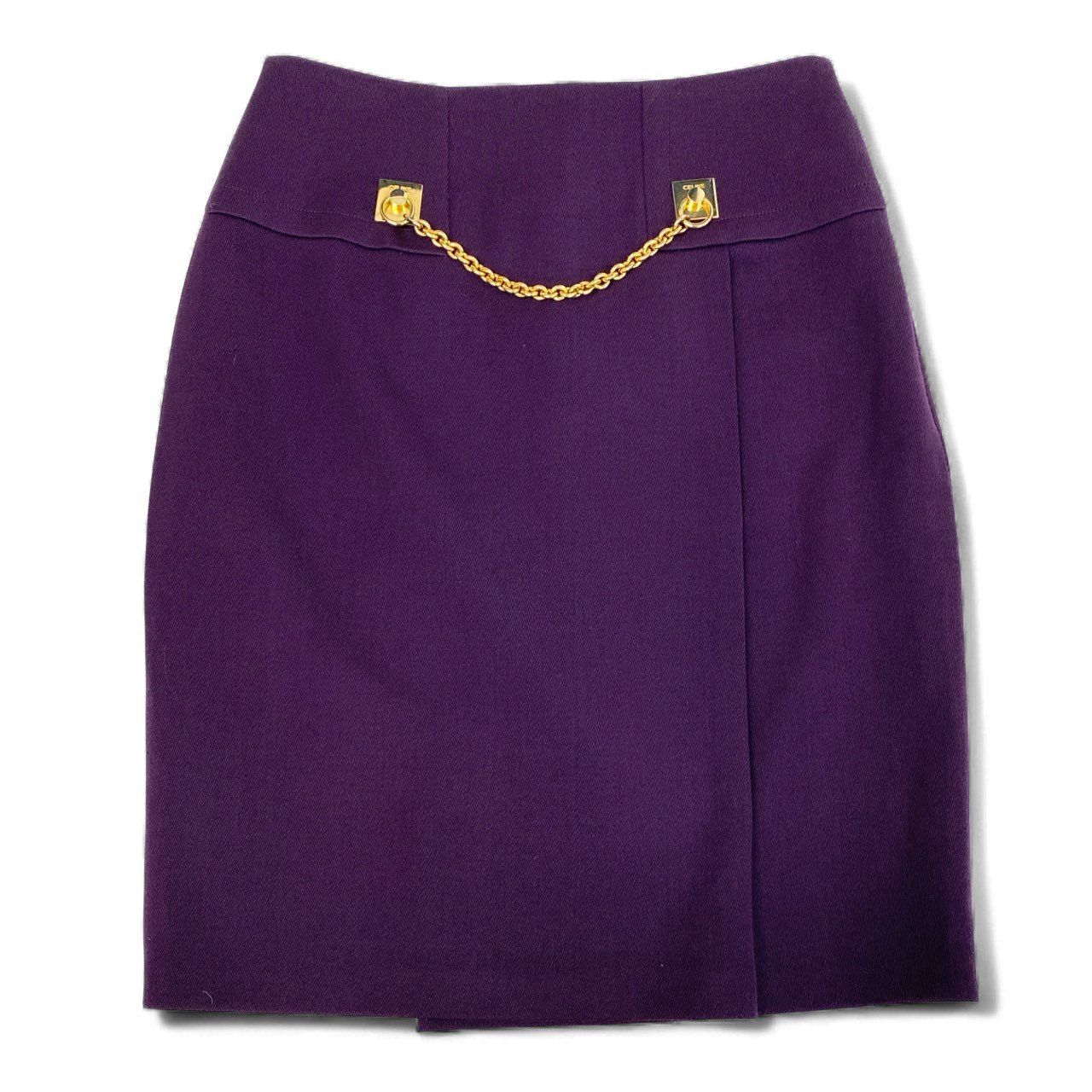 64 L 15 Vintage CELINE セリーヌ ヴィンテージ ゴールドチェーン 台形スカート フ スカート 38 パープル ウール レディースu 02 t
