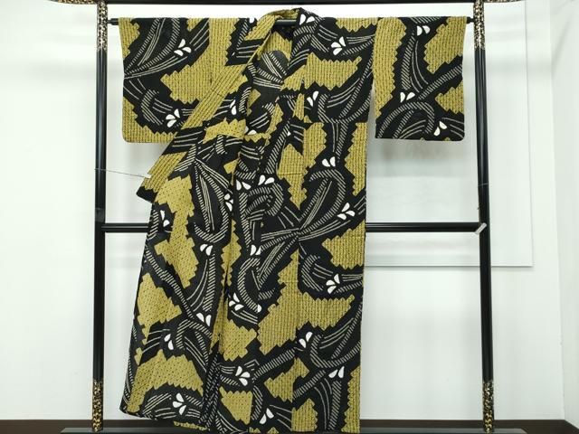 ∴ 上 夏物 浴衣 有松鳴海絞り 流水文 黒地 綿 s 5