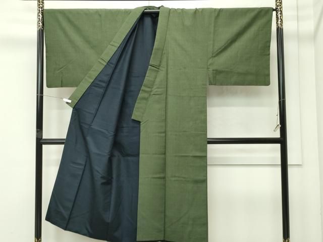 上 男性 本場結城紬 重要無形文化財 アンサンブル 色無地 麹塵色 謹製 証紙付き s 6