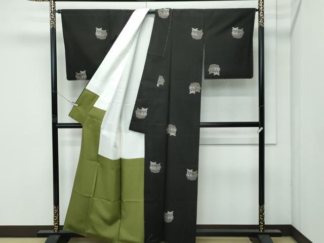 平和屋本店○極上 本場大島紬 泥染め 9マルキ 地空き 総絣 猫と