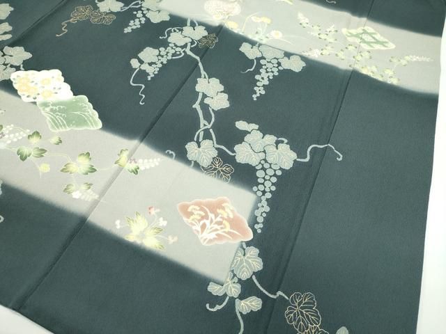 平和屋本店○極上 訪問着 葡萄蔦の葉草花文 暈し染め 金彩 柳煤竹色地