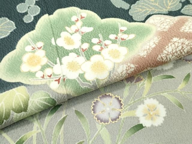 平和屋本店○極上 訪問着 葡萄蔦の葉草花文 暈し染め 金彩 柳煤竹色地