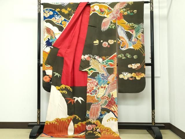 上 アンティーク 大正ロマン 振袖 駒刺繍 立波飛鶴花文 金銀糸 s 6