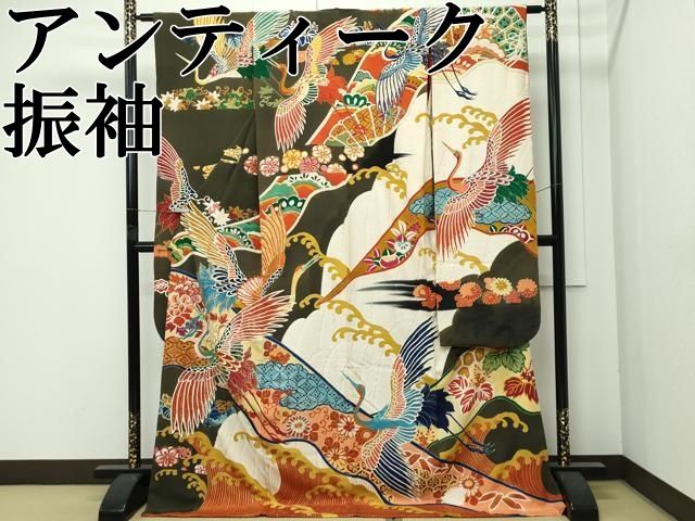 上 アンティーク 大正ロマン 振袖 駒刺繍 立波飛鶴花文 金銀糸 s 6