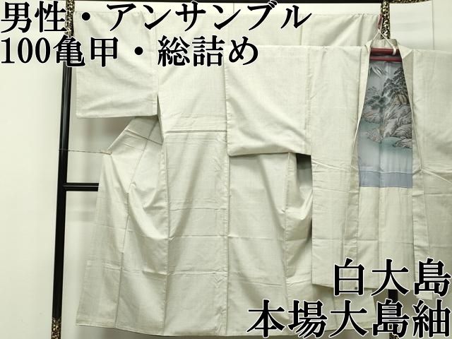 平和屋本店○極上 男性 本場大島紬 白大島 アンサンブル 100亀甲 総