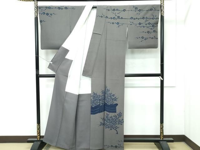 平和屋本店●極上　人間国宝　五代　田畑喜八　訪問着　枝梅文　江戸鼠色地　逸品　CZAA4763s6 平和屋本店○極上 人間国宝 五代 田畑喜八 訪問着 枝梅文 江戸鼠色地