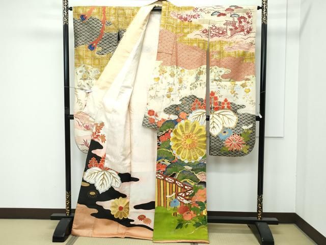 上 アンティーク 大正ロマン 振袖 刺繍 風景鳳凰花文 暈し染め 金銀糸 s 6