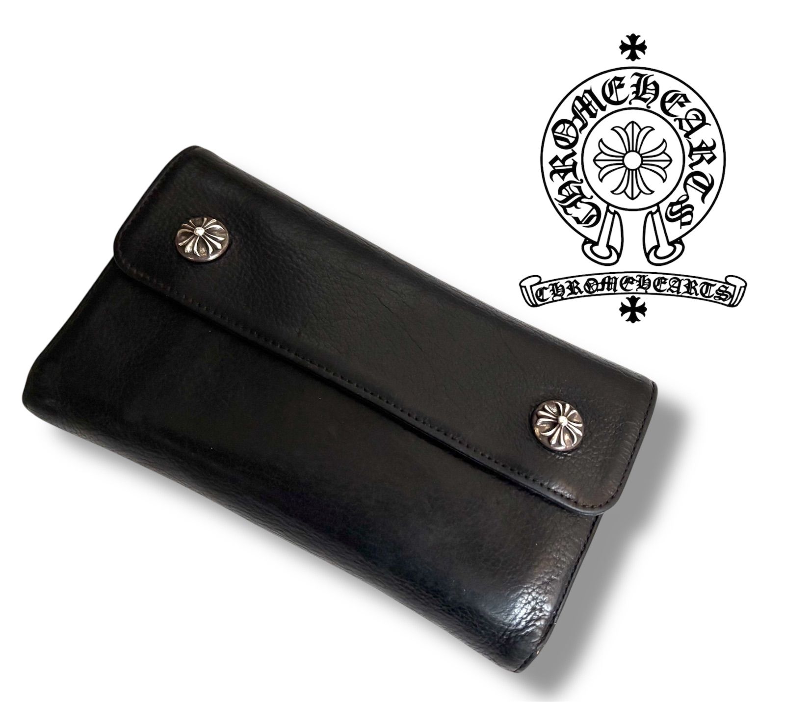 CHROME HEARTS クロムハーツ ウェーブウォレット クロスボタン三つ折り財布 長財布 メンズ レザー ブラック SV 925 黒