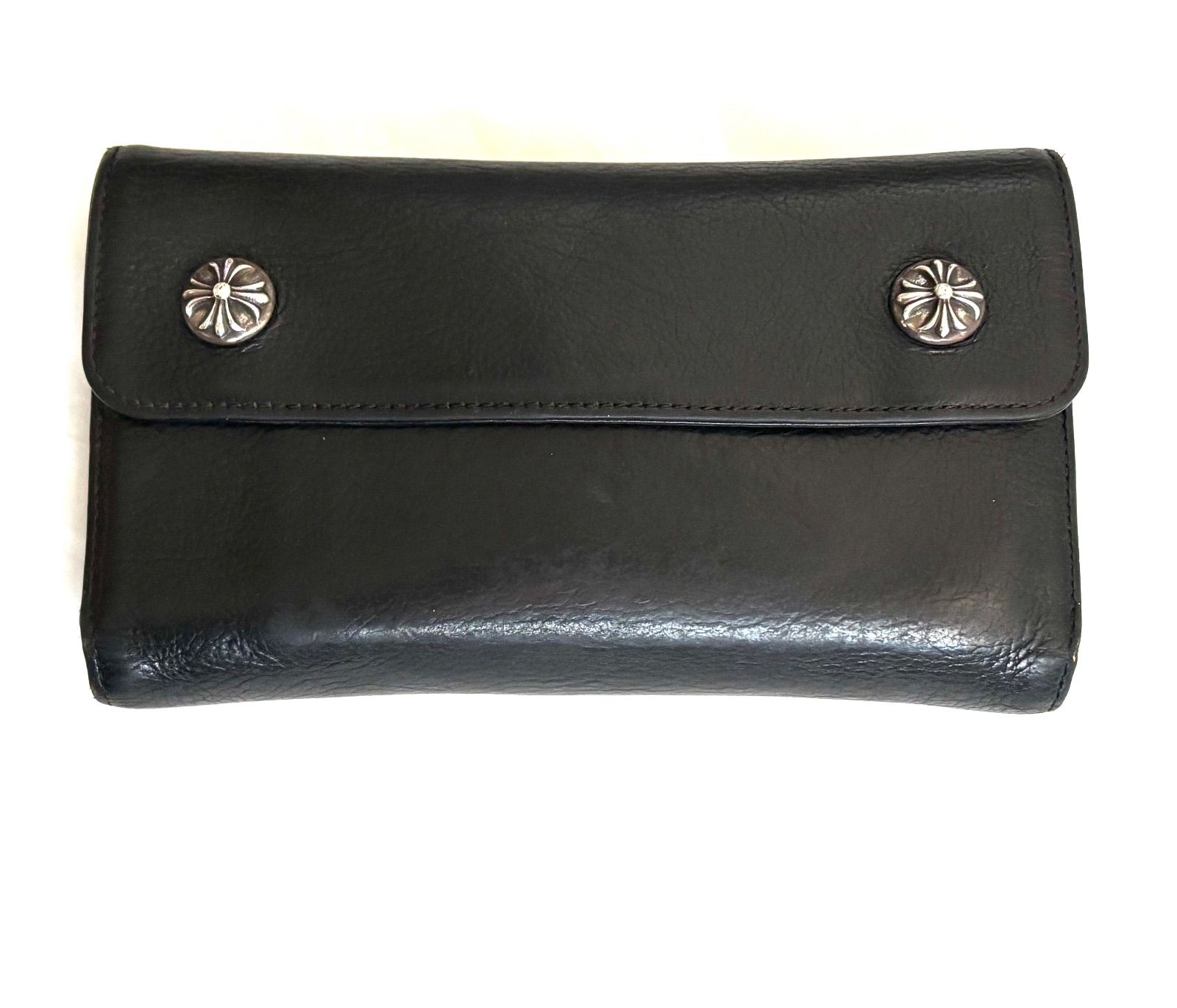 CHROME HEARTS クロムハーツ ウェーブウォレット クロスボタン三つ折り財布 長財布 メンズ レザー ブラック SV 925 黒