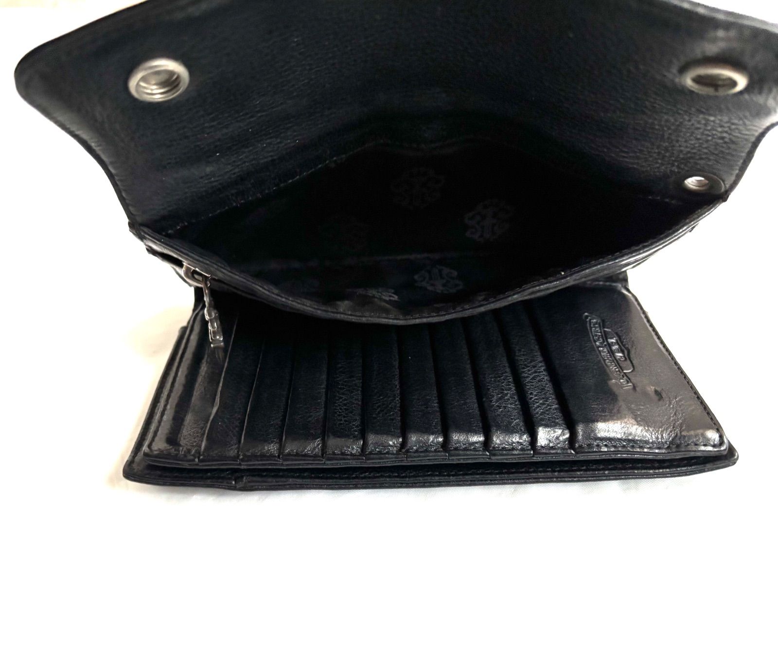  CHROME HEARTS クロムハーツ ウェーブウォレット クロスボタン三つ折り財布 長財布 メンズ レザー ブラック SV 925 黒 三つ折り財布 折り財布