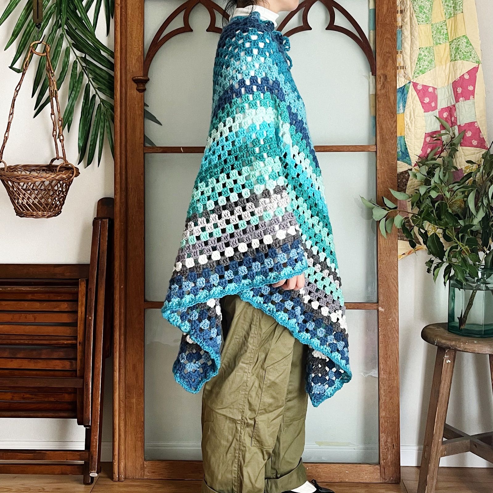 フランス古着 70's 水色 レトロ ニット ポンチョ（m349） - メルカリ