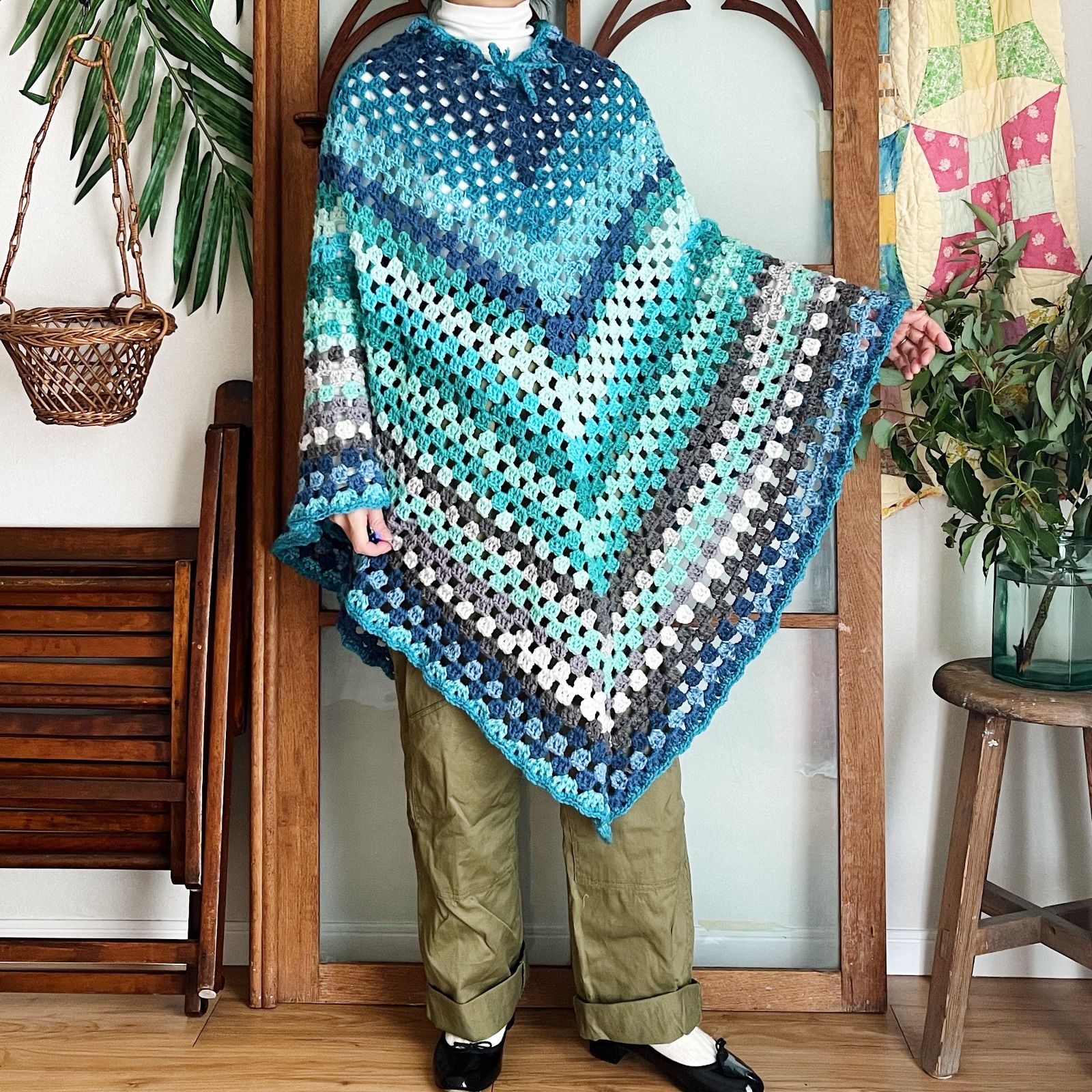 フランス古着 70's 水色 レトロ ニット ポンチョ（m349） - メルカリ