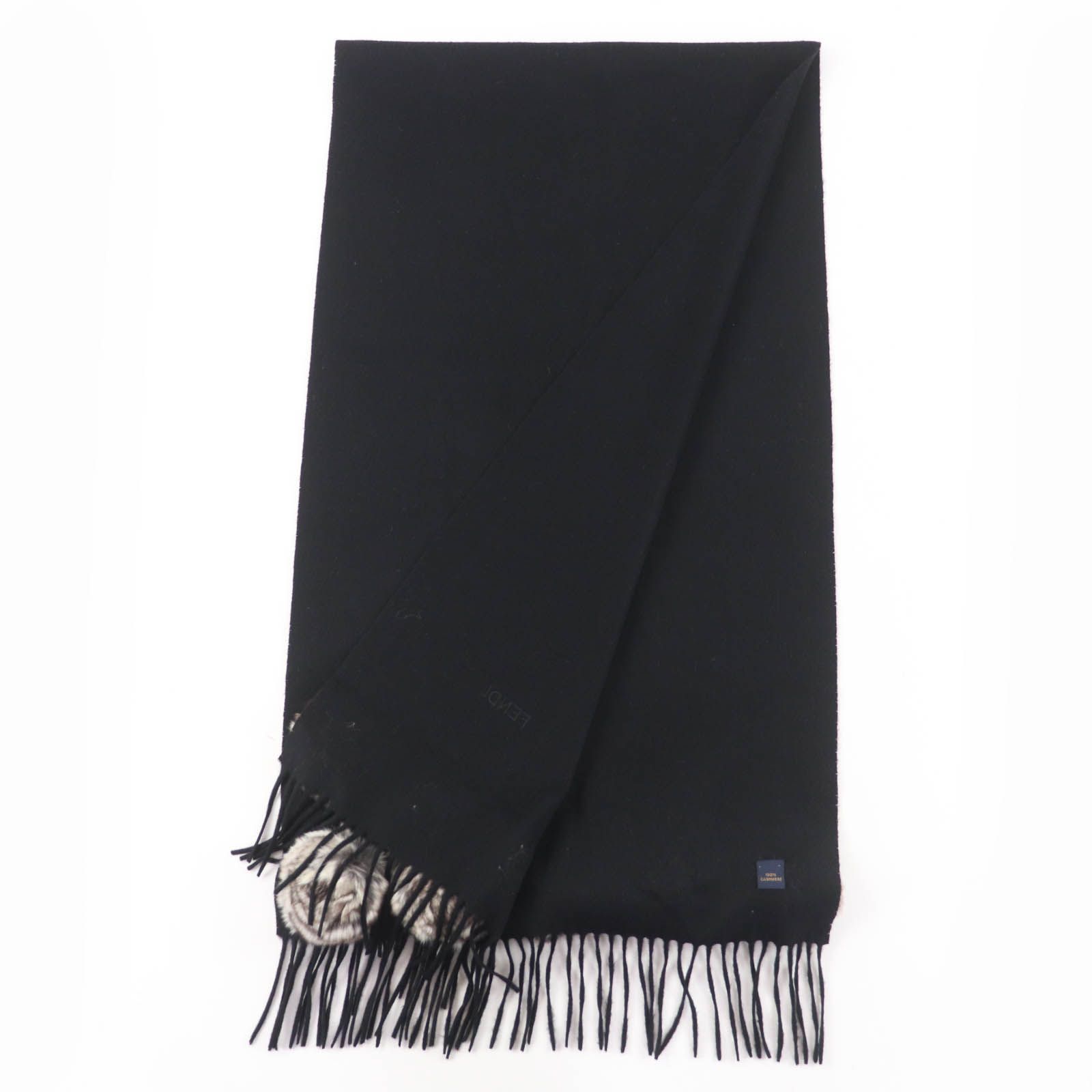 美品☆FENDI フェンディ カシミヤ100％ チンチラ ロゴ刺繍 フリンジ付