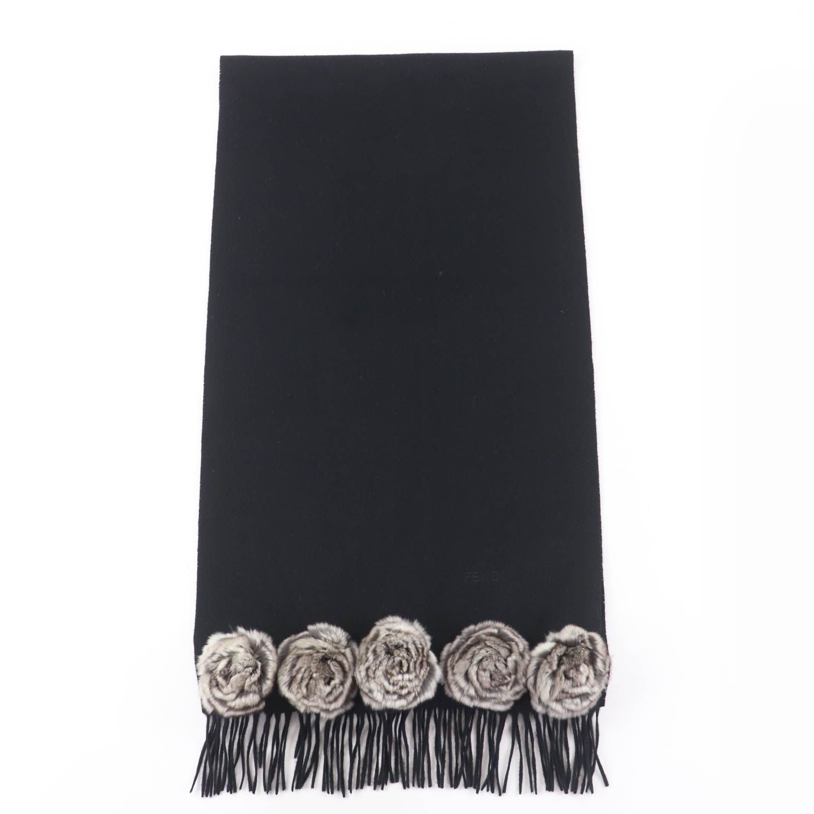 美品☆FENDI フェンディ カシミヤ100％ チンチラ ロゴ刺繍 フリンジ付