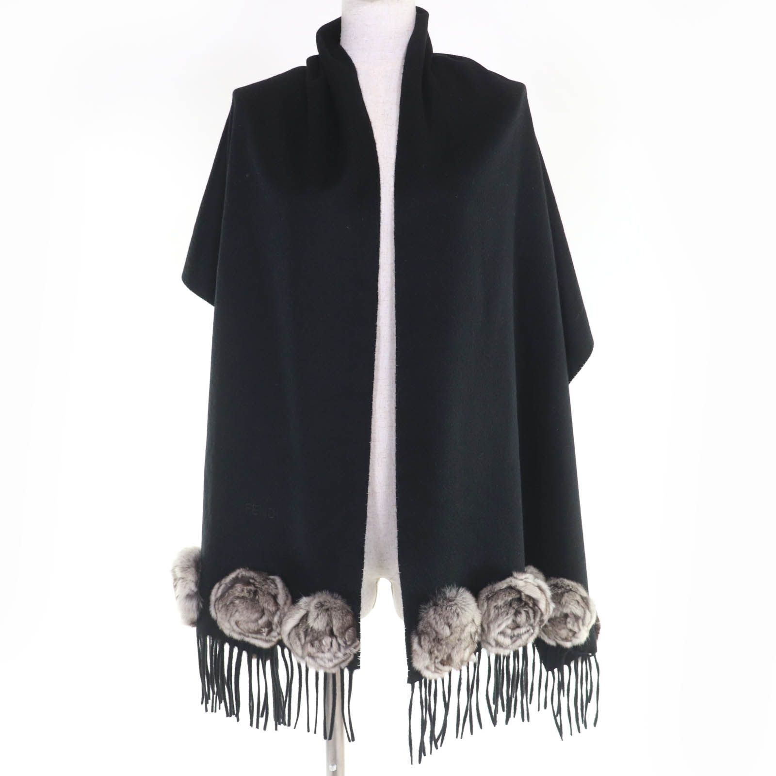 美品☆FENDI フェンディ カシミヤ100％ チンチラ ロゴ刺繍 フリンジ付