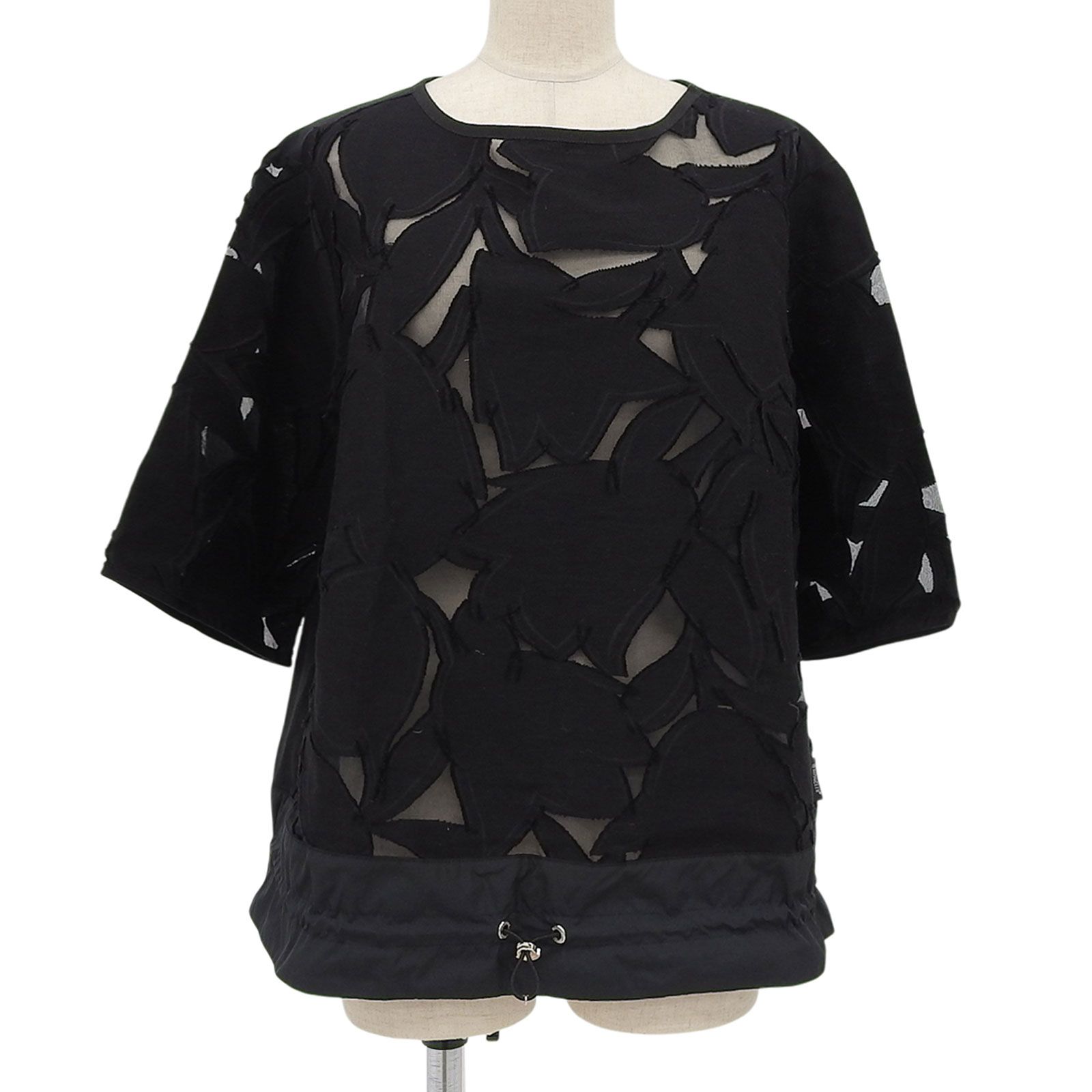 MONCLER モンクレール MAGLIA GIROCOLLO コットン シルク混 シアー 半袖 カットソー ブラック L イタリア製 レディース