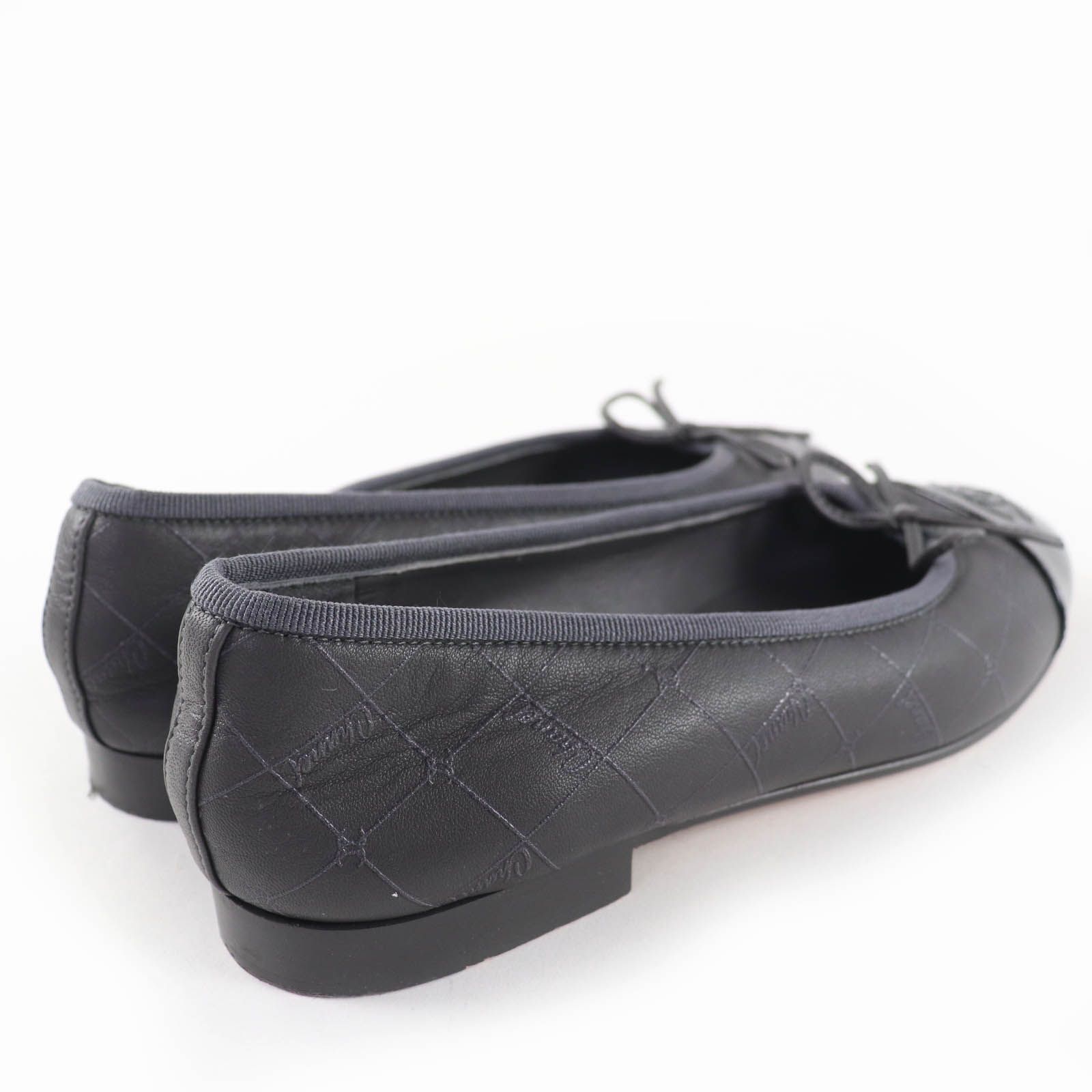 CHANEL シャネル G 02819 ココマーク ロゴデザイン リボン レザー パンプス バレエシューズ グレー ブラック 35.5 イタリア製 レディース