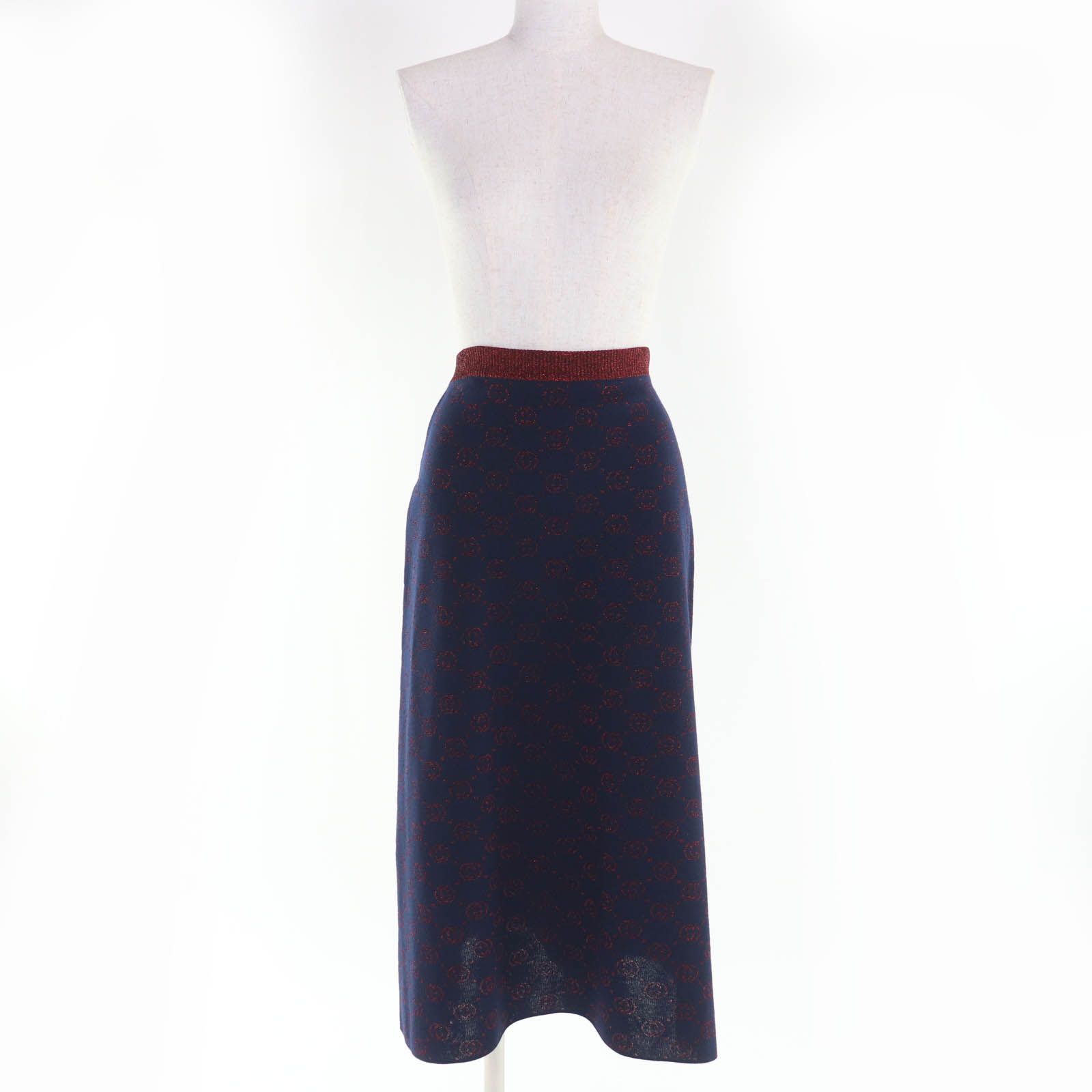 GUCCI グッチ 605923 ウール ラメジャガード GG柄 ロング丈 ニット スカート ネイビー レッド S イタリア製 レディース