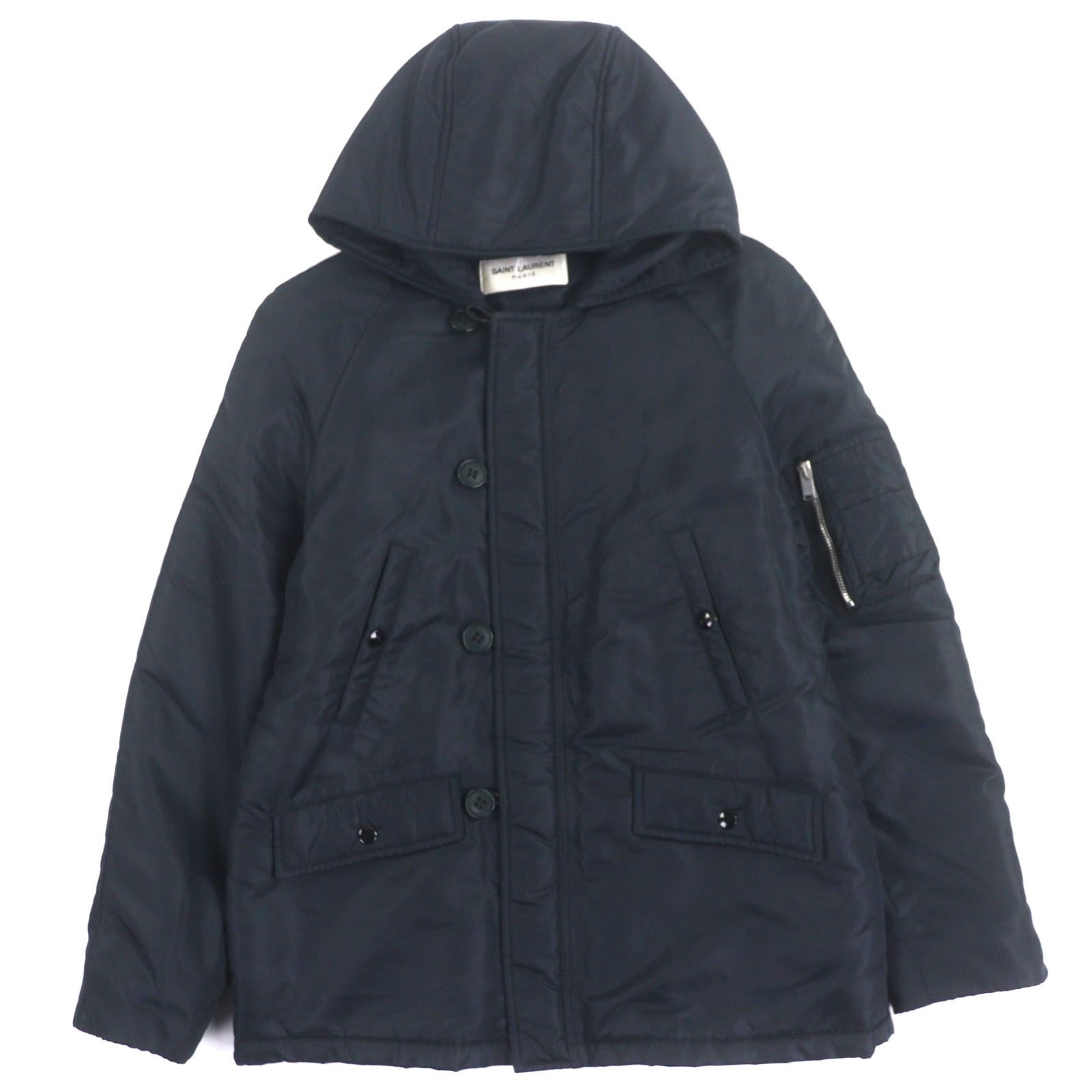 美品▼SAINT LAURENT PARIS サンローランパリ 440808 フーデッド ロゴ入りボタン WZIPUP 中綿入 ボンバージャケット ネイビー 44 正規品 美品▽SAINT LAURENT PARIS サンローランパリ 440808 フーデッド ロゴ