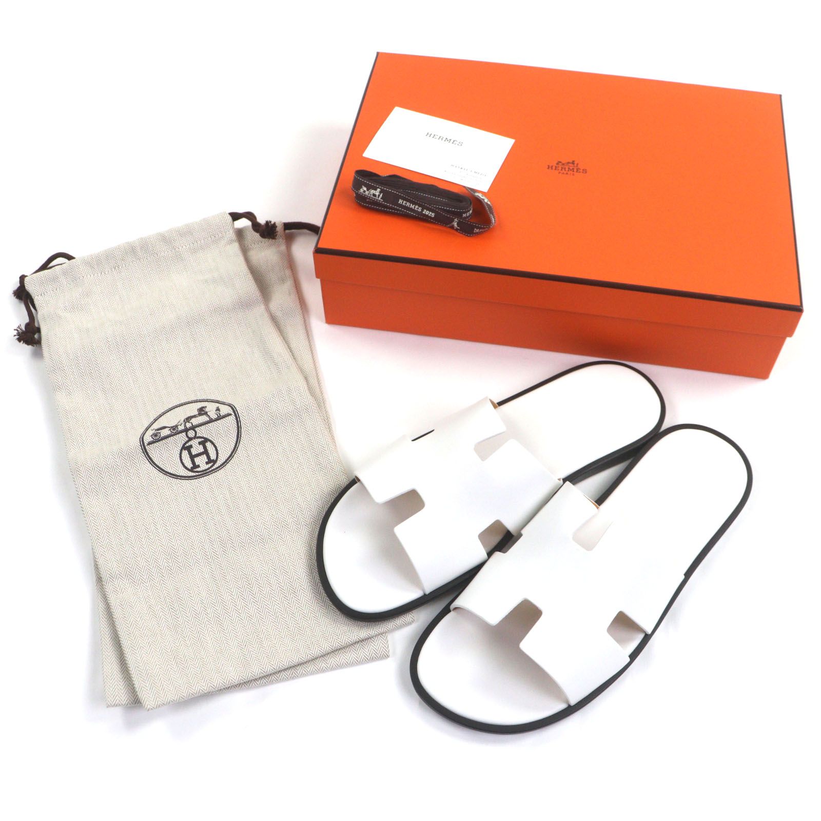 HERMES エルメス イズミール Hモチーフ レザーサンダル スライドサンダル ホワイト 42 箱 保存袋付き イタリア製 メンズ
