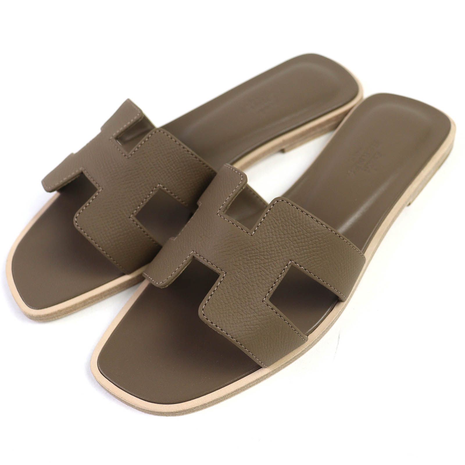 HERMES エルメス オラン エトゥープ Hロゴ レザー フラット サンダル ミュール 37 箱 保存袋付き イタリア製 レディース