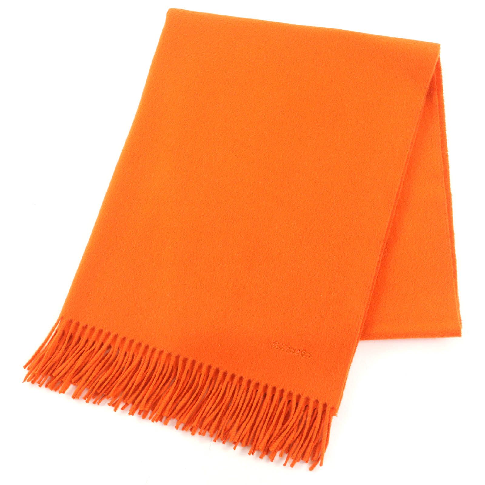 使用感無！　HERMES エルメス　カシミヤ　ストール　オレンジ　ロゴ HERMES エルメス ロゴ刺繍 カシミヤ フリンジ マフラー オレンジ