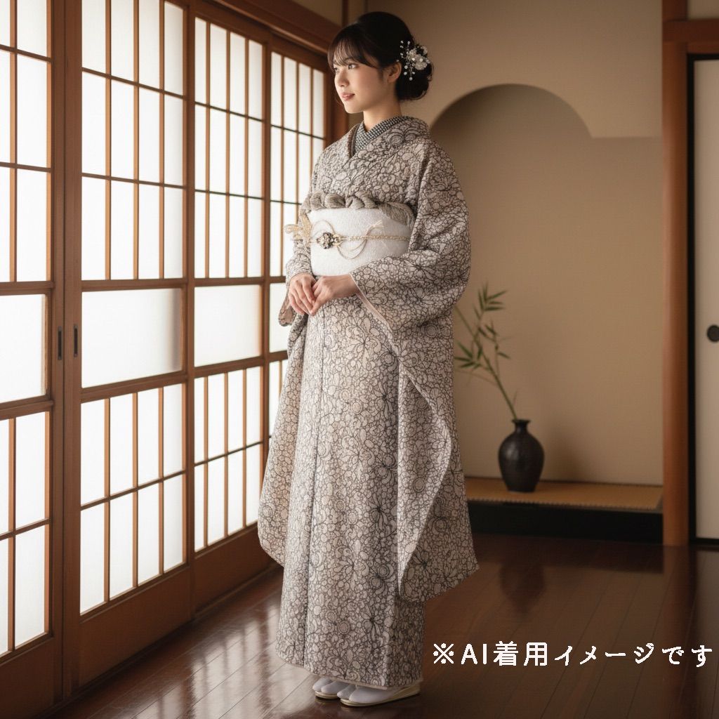 振袖フルセット 振袖セット 振袖 品 Mサイズ レース×グレージュ ニュアンス 成人式 着物 晴れ着 7点フルセット FCOA-1