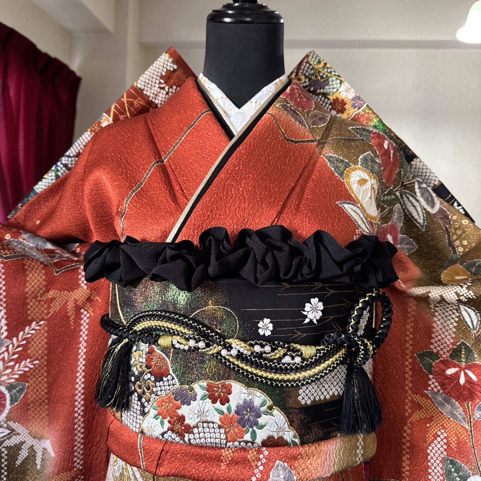 豪華振袖セット 4点 袋帯 半衿 重ね衿 正絹 古典柄 絞り 橘 流水 鹿の子 籠目 七宝