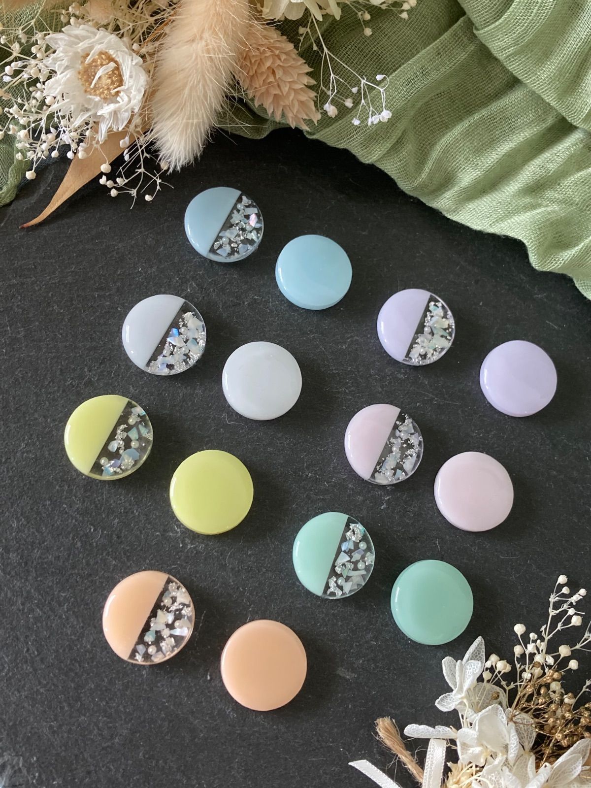 07】パステルカラー シルバー シェル ヘアゴム 2本セット レジン ヘア