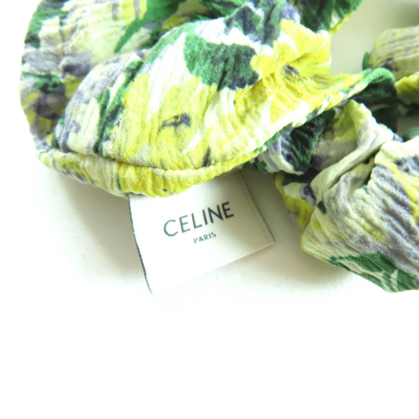 美品★CELINE セリーヌ 460AH2SIB シルク100％ トリオンフ シュシュ 花柄 ヘアアクセサリー グリーン イエロー 箱付き フランス製 美品☆CELINE セリーヌ 460AH2SIB シルク100％ トリオンフ シュシュ 花