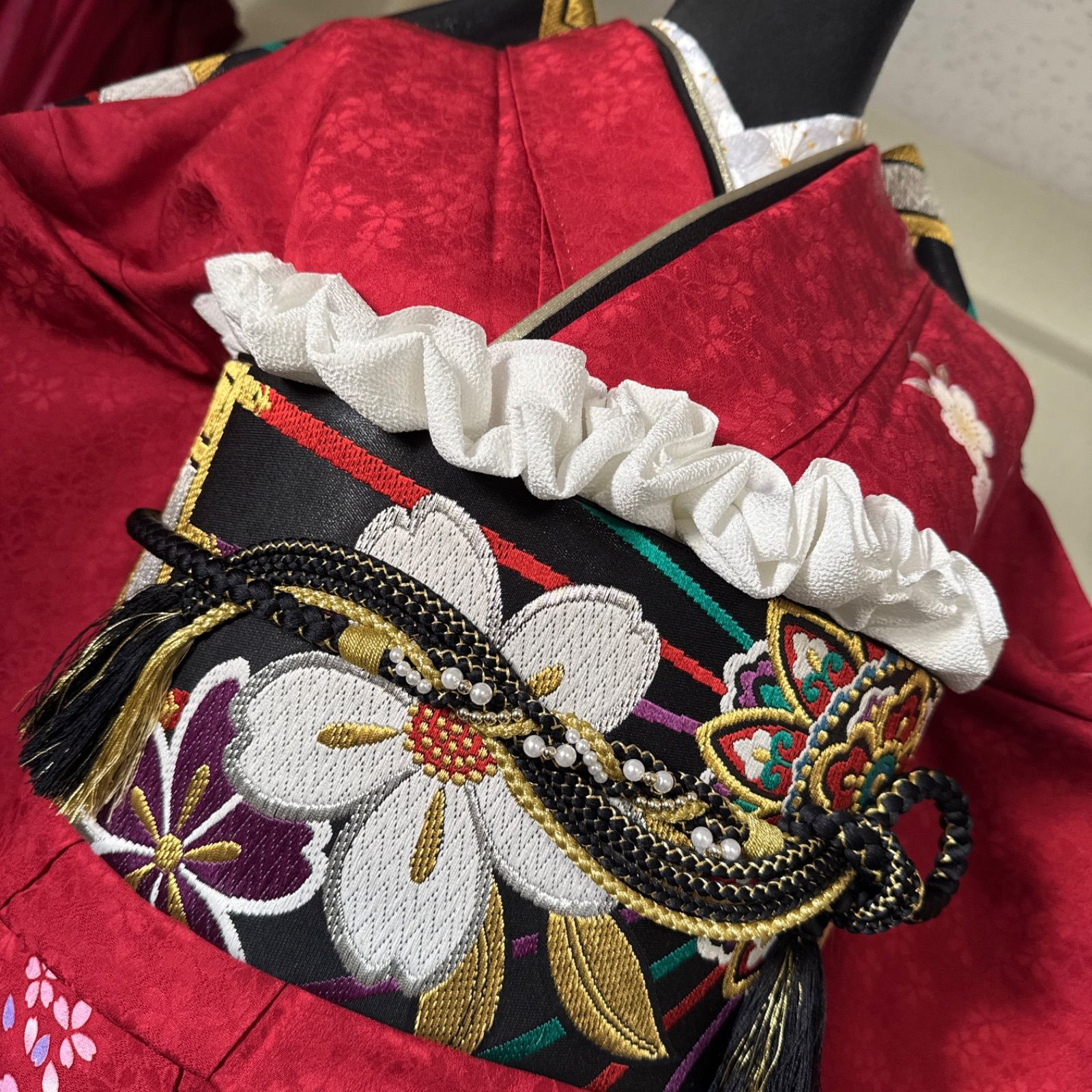  豪華振袖セット ４点 袋帯 半衿 帯揚げ 正絹 古典柄 金駒刺繍 桜 波 鹿の子 金彩 地紋 ガード加工済 振袖 着物