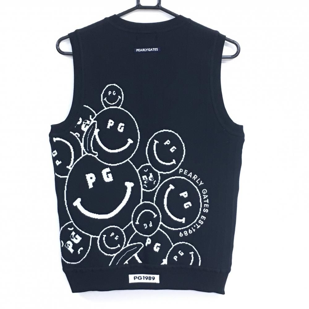 パーリーゲイツ ニットベスト ダークネイビー×白 ニコちゃん総柄 スマイル レディース 1 M ゴルフウェア モデル PEARLY GATES