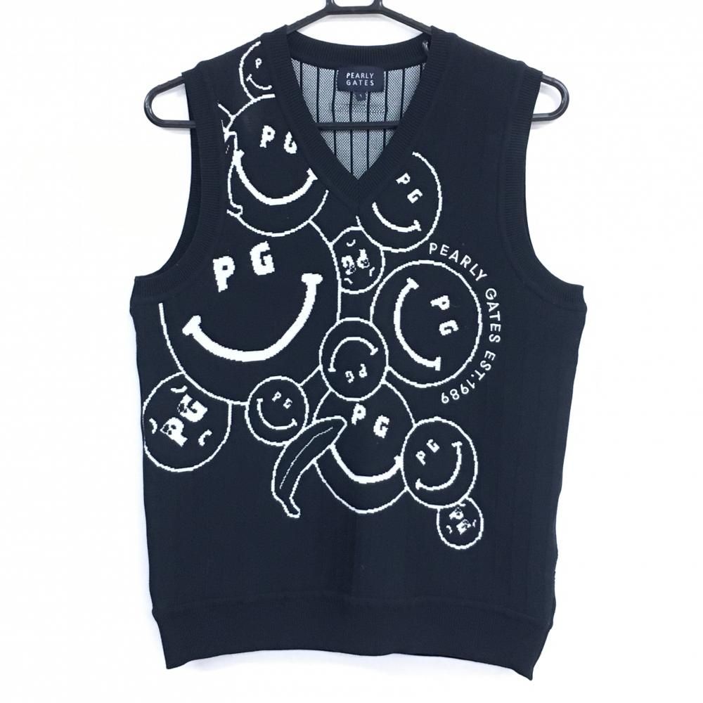 パーリーゲイツ ニットベスト ダークネイビー×白 ニコちゃん総柄 スマイル レディース 1 M ゴルフウェア モデル PEARLY GATES