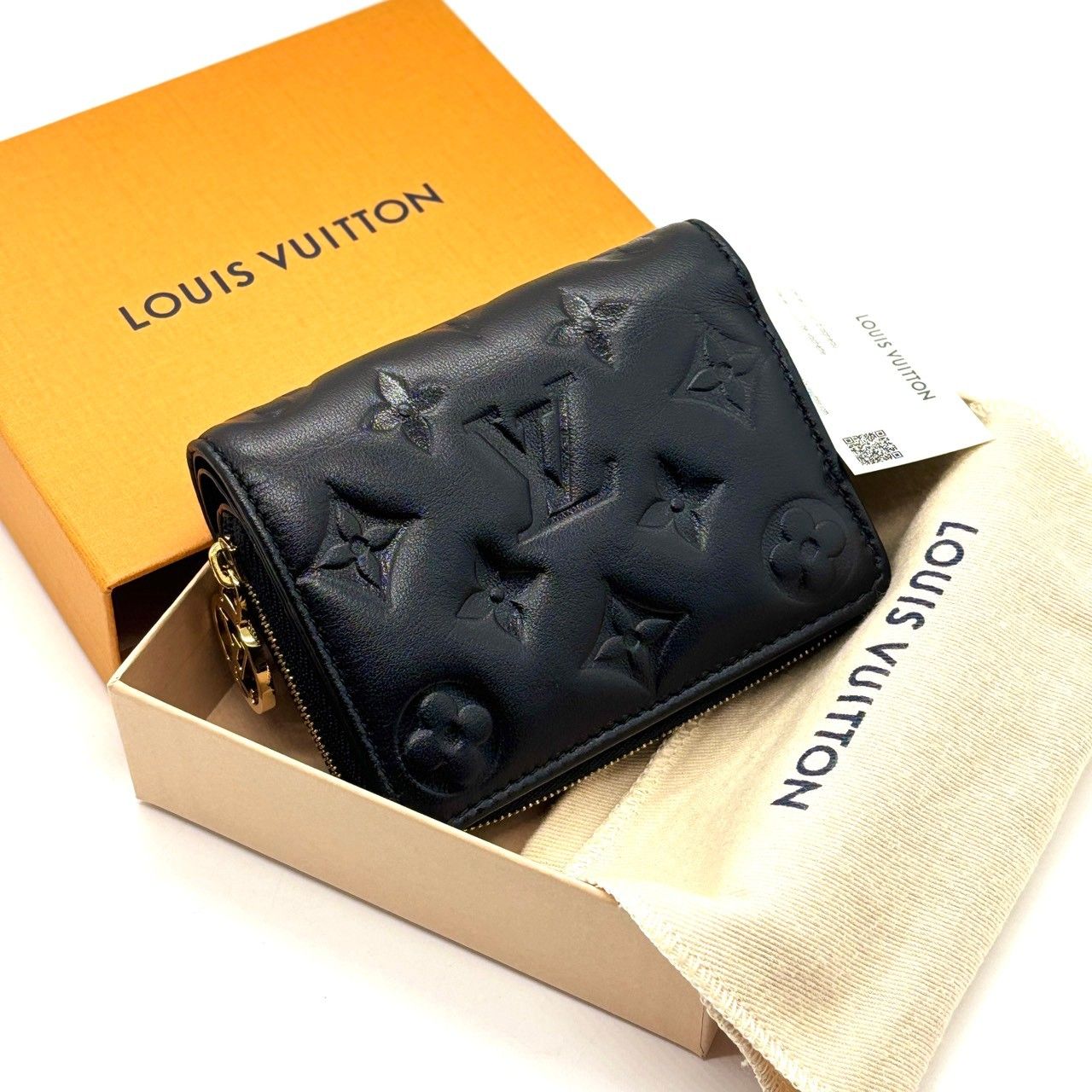 使用僅か RFID LOUIS VUITTON ルイヴィトン モノグラム ポルトフォイユ ルー クッサン 二つ折り財布 エンボス加工 ラムスキン ICチップ ラウンドファスナー 完備 黒