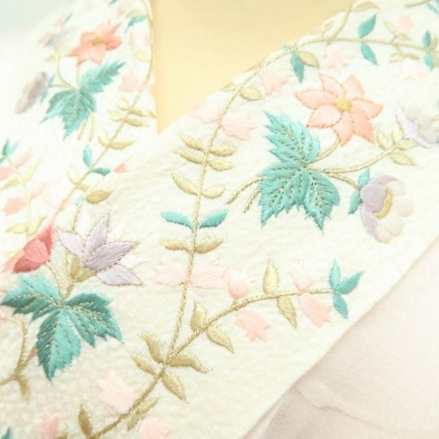 百華❀Y4192◇単衣 正絹 袖無双 刺繡衿 仕付け糸・居敷当て付 手縫い