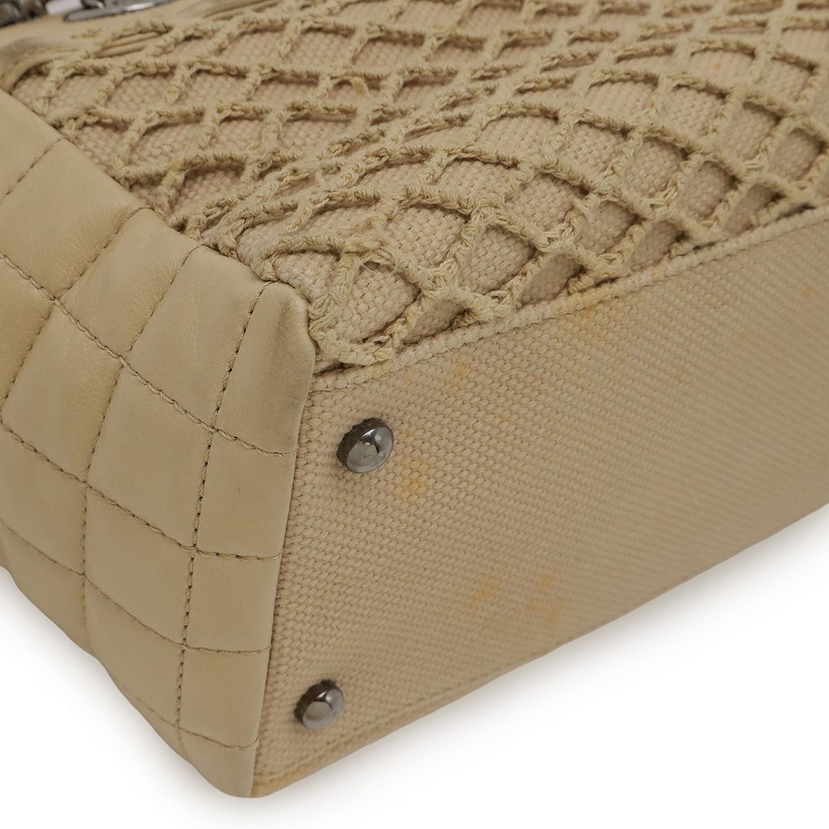 CHANEL シャネル ココマーク チェーンショルダー チェーントート キャンバス レザー ベージュ シルバー金具 CHANEL シャネル ココマーク チェーンショルダー チェーントート