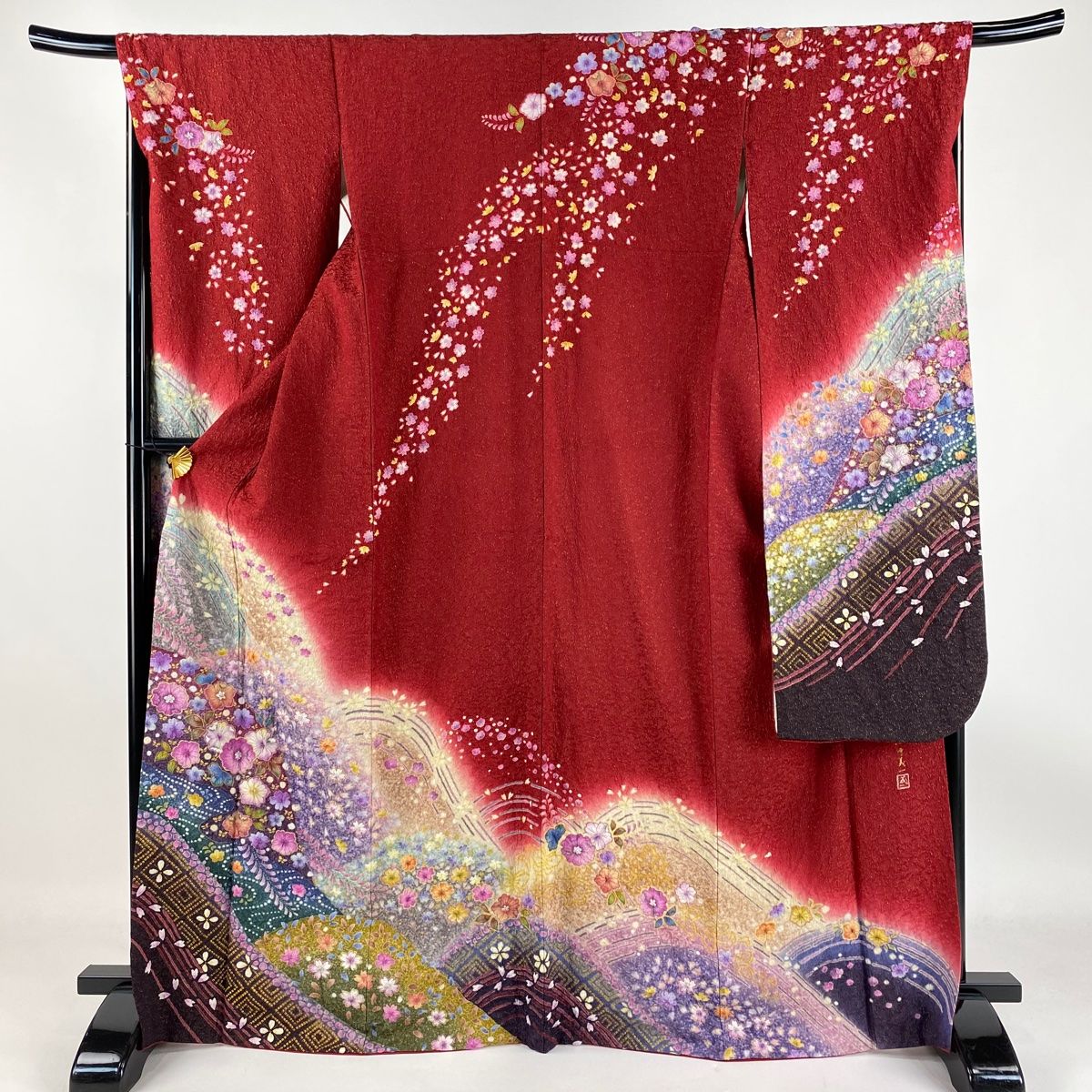 【在庫一掃】 振袖 身丈168cm 裄丈68cm L 袷 小寺義一 落款 辻が花 波 金通し 金彩 赤 正絹 美品 逸品 【】