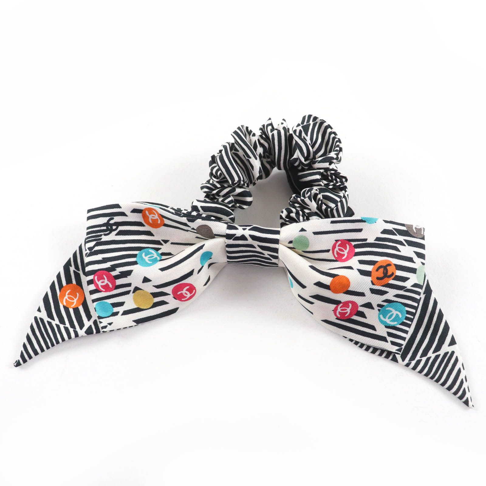 極美品☆CHANEL シャネル AAA057 シルク100％ ココマーク ストライプ柄