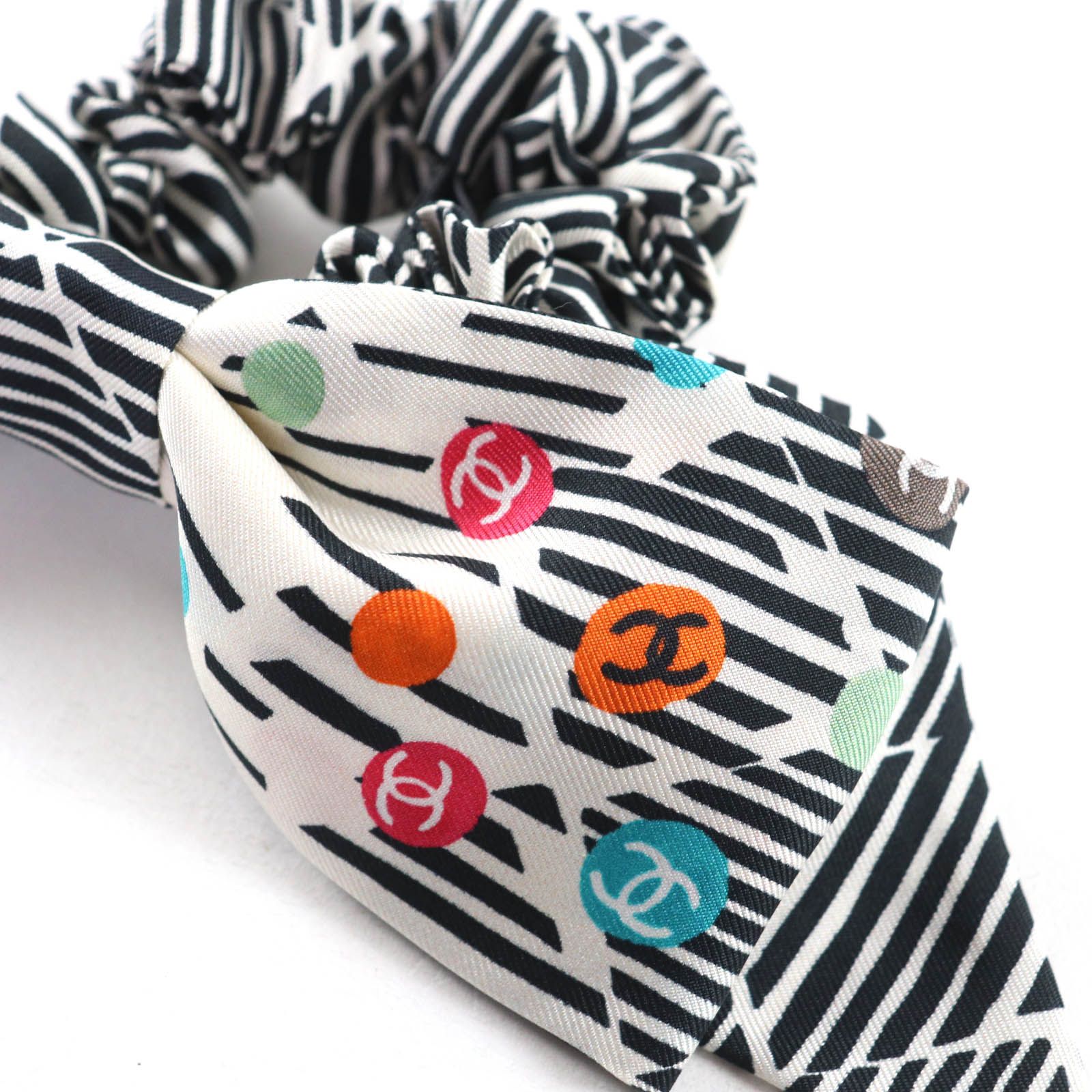 極美品☆CHANEL シャネル AAA057 シルク100％ ココマーク ストライプ柄