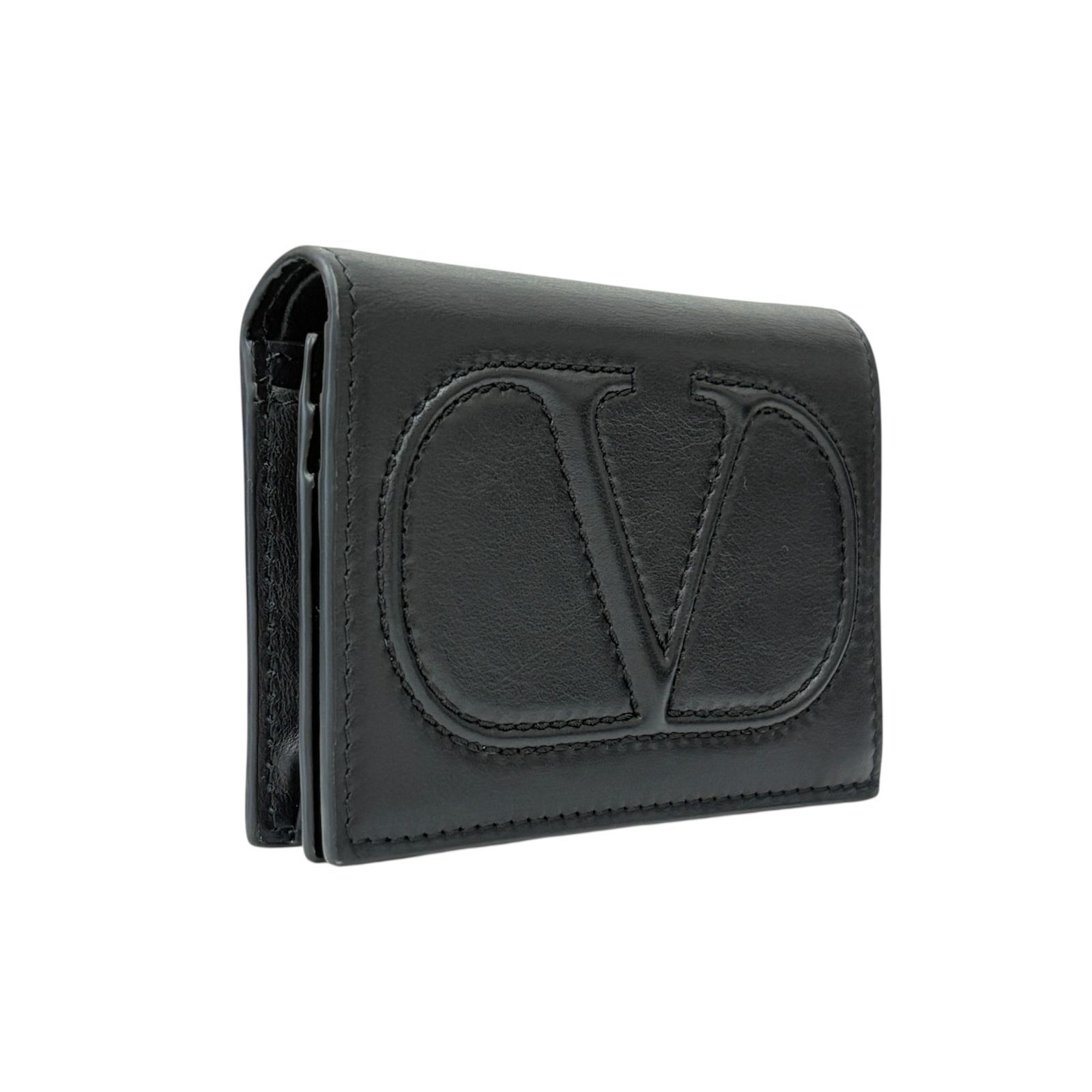 VALENTINO GARAVANI ヴァレンティノガラヴァーニ Vロゴ 二つ折り財布 ウォレット ステッチ レザー ブラック 黒 UNI