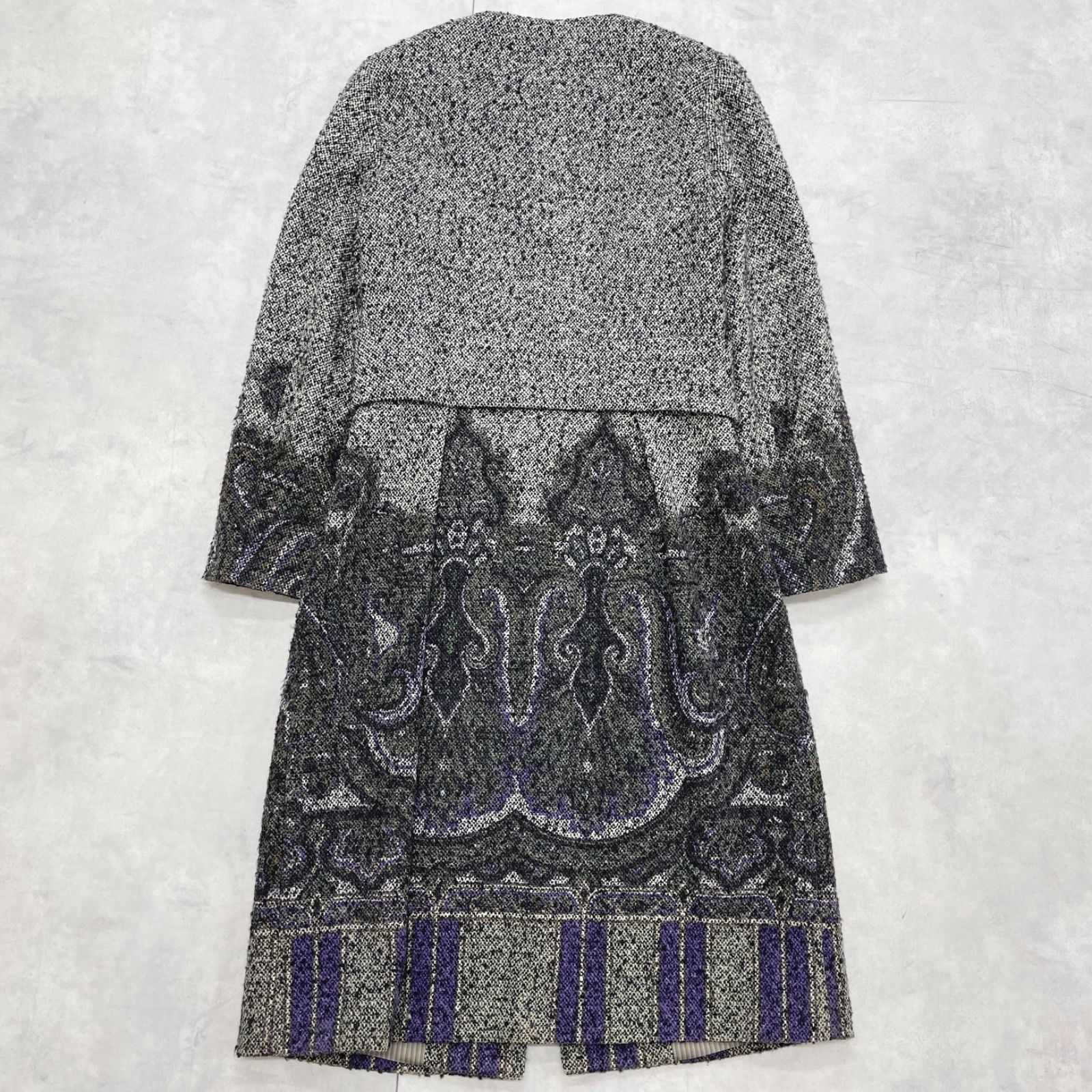 ETRO エトロ ロングコート ノーカラー 総柄 ウール グレー イタリア製