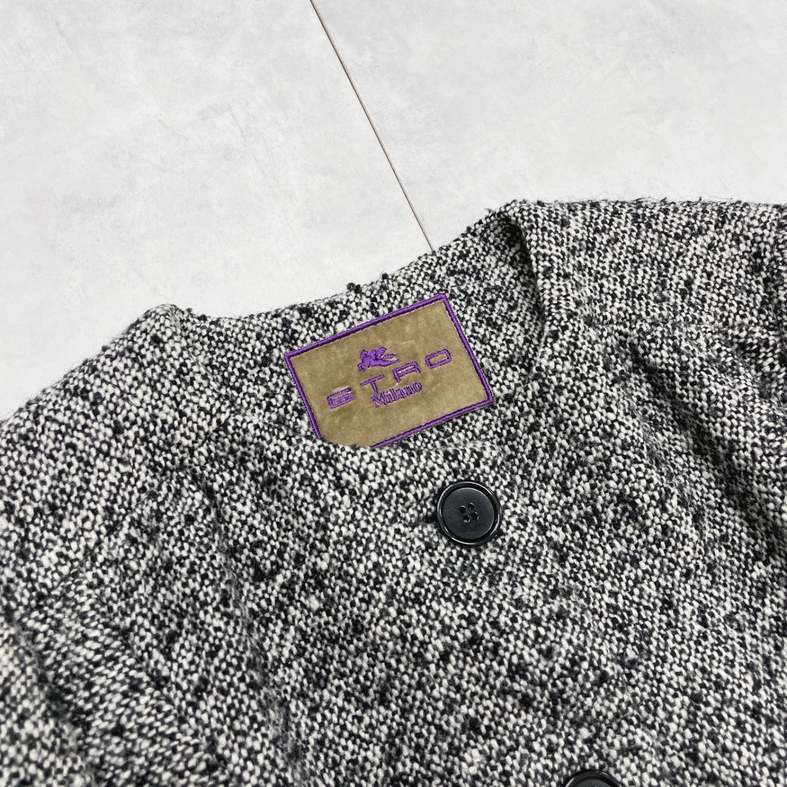 ETRO エトロ ロングコート ノーカラー 総柄 ウール グレー イタリア製