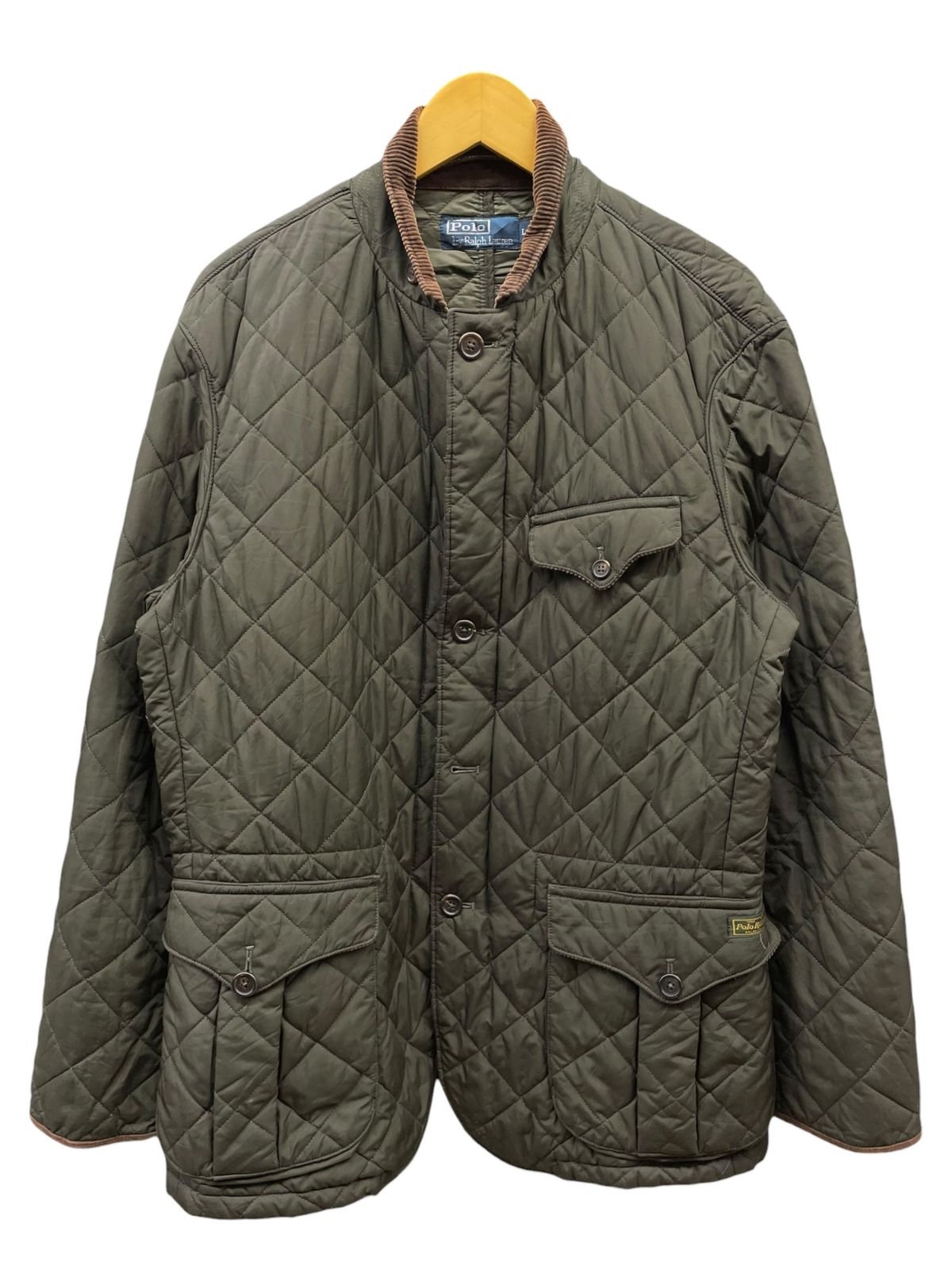 LAUREN ポロラルフローレン キルティングジャケット 中綿 ナイロン コーデュロイ スエード切替 古着 エルボーパッチ L カーキ メンズ 025