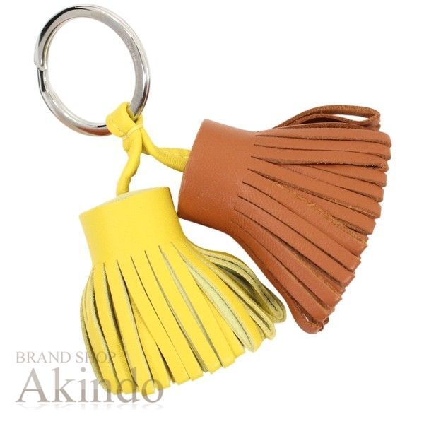 エルメス キーホルダー バッグ チャーム カルメン ウノドス ラムスキンゴールドxライム ブラウンxイエロー タッセル フリンジ キーリング シルバー金具 HERMES プレゼント ギフト