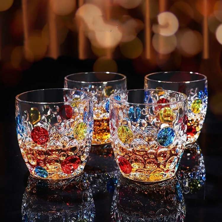 昭和レトロ　被せガラスコップセット グラス 虹色 カラフル 400ml 4個セット ガラス コップ タンブラー 泡