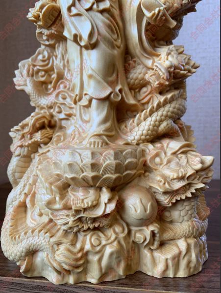 仏像 観音菩薩像 龍上観音菩薩 九龍観音 ツゲ 仏具 木彫 (約)高30cm×幅