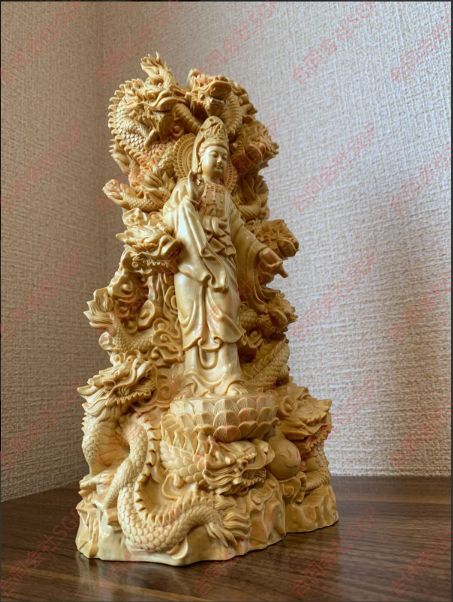 仏像 観音菩薩像 龍上観音菩薩 九龍観音 ツゲ 仏具 木彫 (約)高30cm×幅